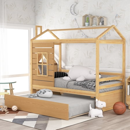 SESSLIFE House Bed Twin with Trundle  Solid Wood House Bed for Kids  Toddler House Bed Frame  Children s Bed  No Box Spring Needed (Natural)