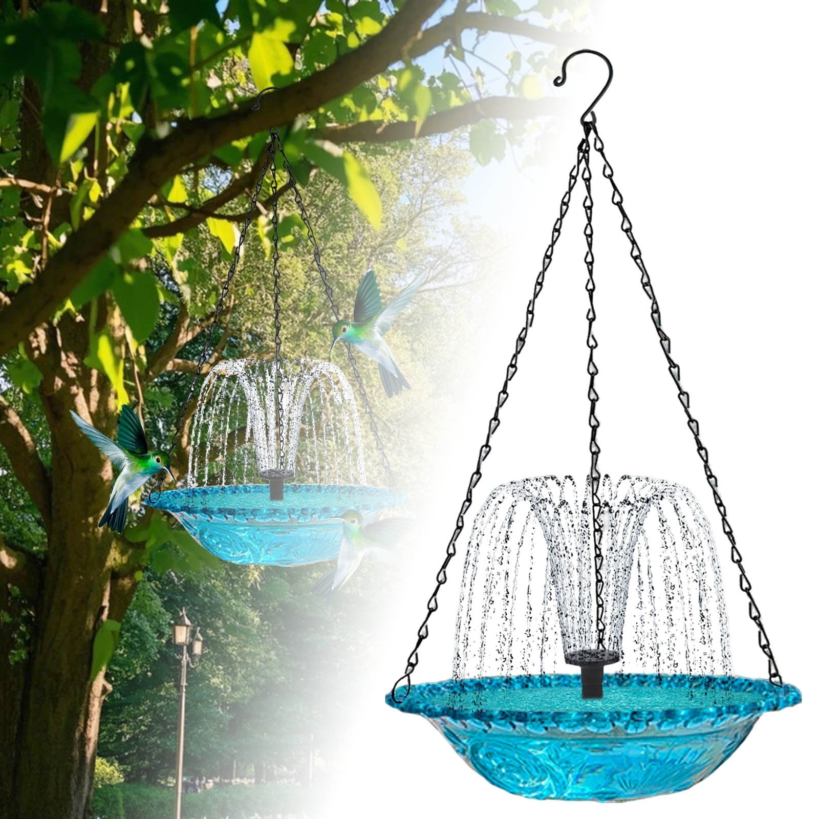 2PCS Solar Powered Bird Bath Fountain & Hummingbird Feeder 2-in-1 Outdoor Hanging Bird Bath for Garden, Backyard, Patio - Automatic Water Fountain for Small Birds with Solar Panel - Weather Resistant
