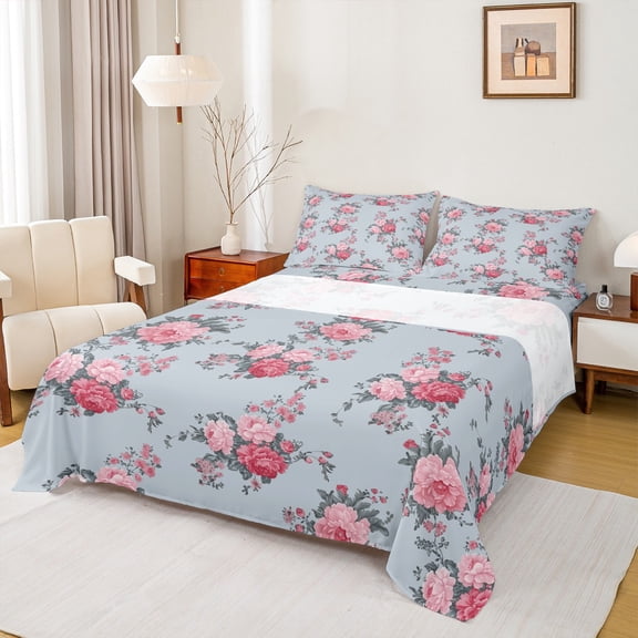 Feelyou Pink Peony Flower Twin Sheet Sets for Female, Romantic Floral Twin Fitted Sheet, Retro Bohemian Fashion Flat Sheet, Luxury Bedroom Decor, 3pcs