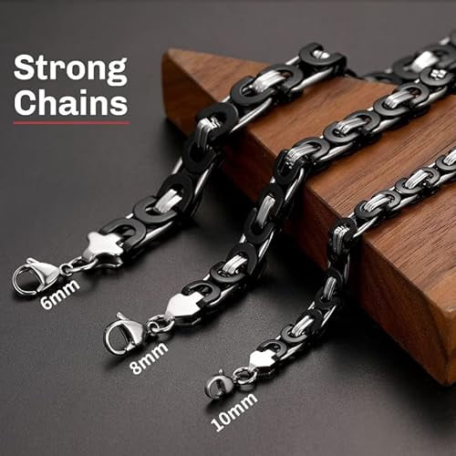 ChainsHouse Men's Flat Byzantine Necklace Stainless Steel Chain 10mm Width Thick Trendy Birthday Christmas Valentines Jewelry Gift, 22"