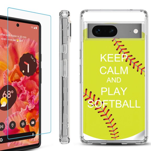 OneToughShield ® for Google Pixel 7a Shockproof Bumper Phone Case, with Tempered Glass Screen Protector - Keep Calm Softball