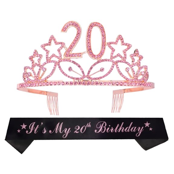20th Birthday Gifts for Girls, 20th Birthday Tiara and Sash Pink, HAPPY 20th Birthday