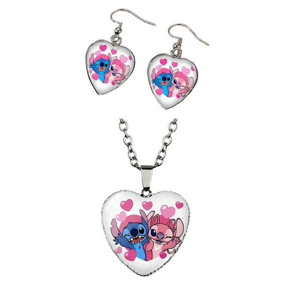 Stitch and Angel Glass Domed Heart Shape Pendant Necklace and Earring Set