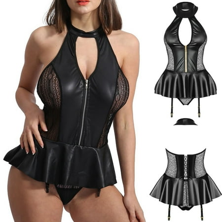

Knosfe Hollow Out Lingerie Babydoll for Women Sleepwear Bodysuit Leather Sexy Halter Teddy