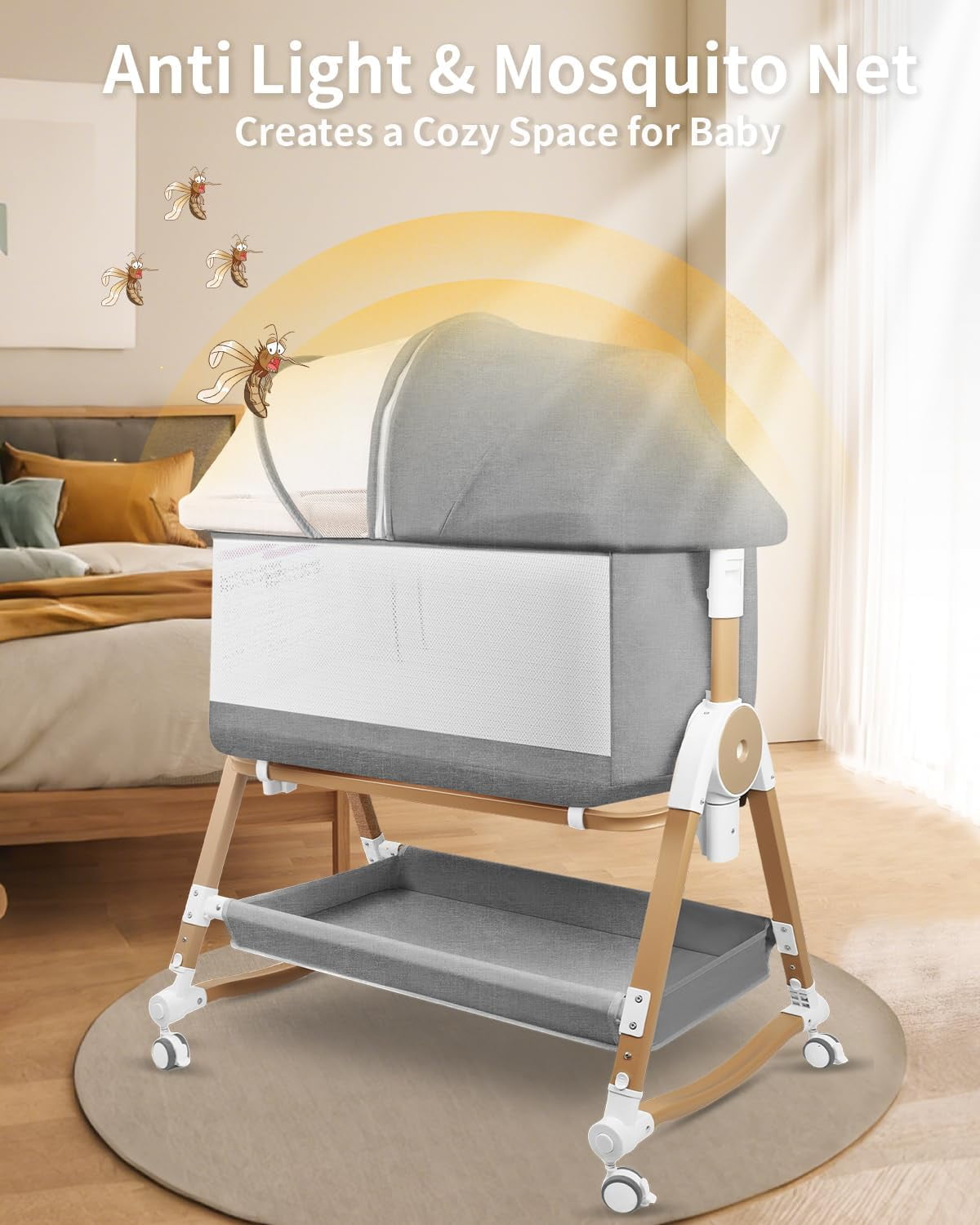 4 in 1 Baby Bassinet Bedside Sleeper W/ Wheels,Storage Basket, Adjustable 7 Heights,Mosquito Net,Breathable Mesh Cradle for Infants Toddler,Grey