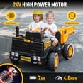 thumbnail image 6 of Rock Wheels 24V7AH Ride On 2-Seater Dump Truck, 4X200W Motors, Ride On Car w/Electric Dump Bed, Extra Shovel, Parent Remote Control, LED Lights, Steam Spray, Helmet, 24" Spacious Seat - Yellow, 6 of 10