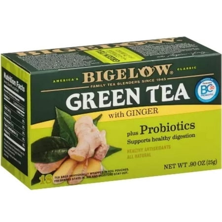 Bigelow Green Tea With Ginger Plus Probiotics Green Tea Bags, 18 Count (Pack of 2)