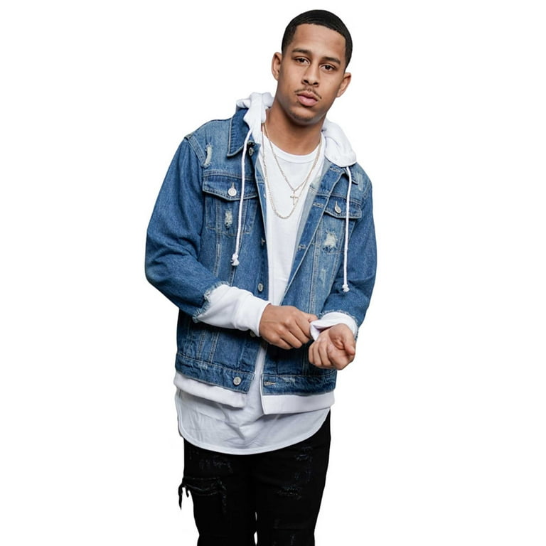 Victorious Men s Hoodie Layered Ripped Denim Jacket with Removable Hood DK140 Indigo White Medium