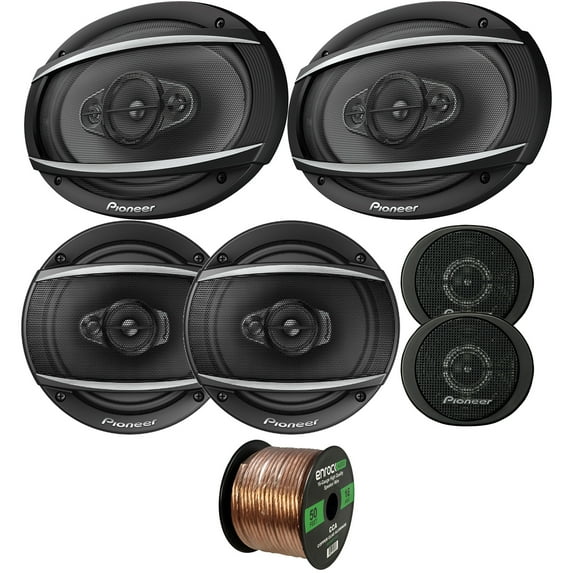 2x Pioneer TS-S20 .75" 200 Watts Max Power High-Power Car Audio Super Tweeters, 2x 6x9" 4-Way 450W Max Power Black Automotive Speakers, 2x 6.5" 3-Way Coaxial 320W Vehicle Speakers, Speaker Wiring