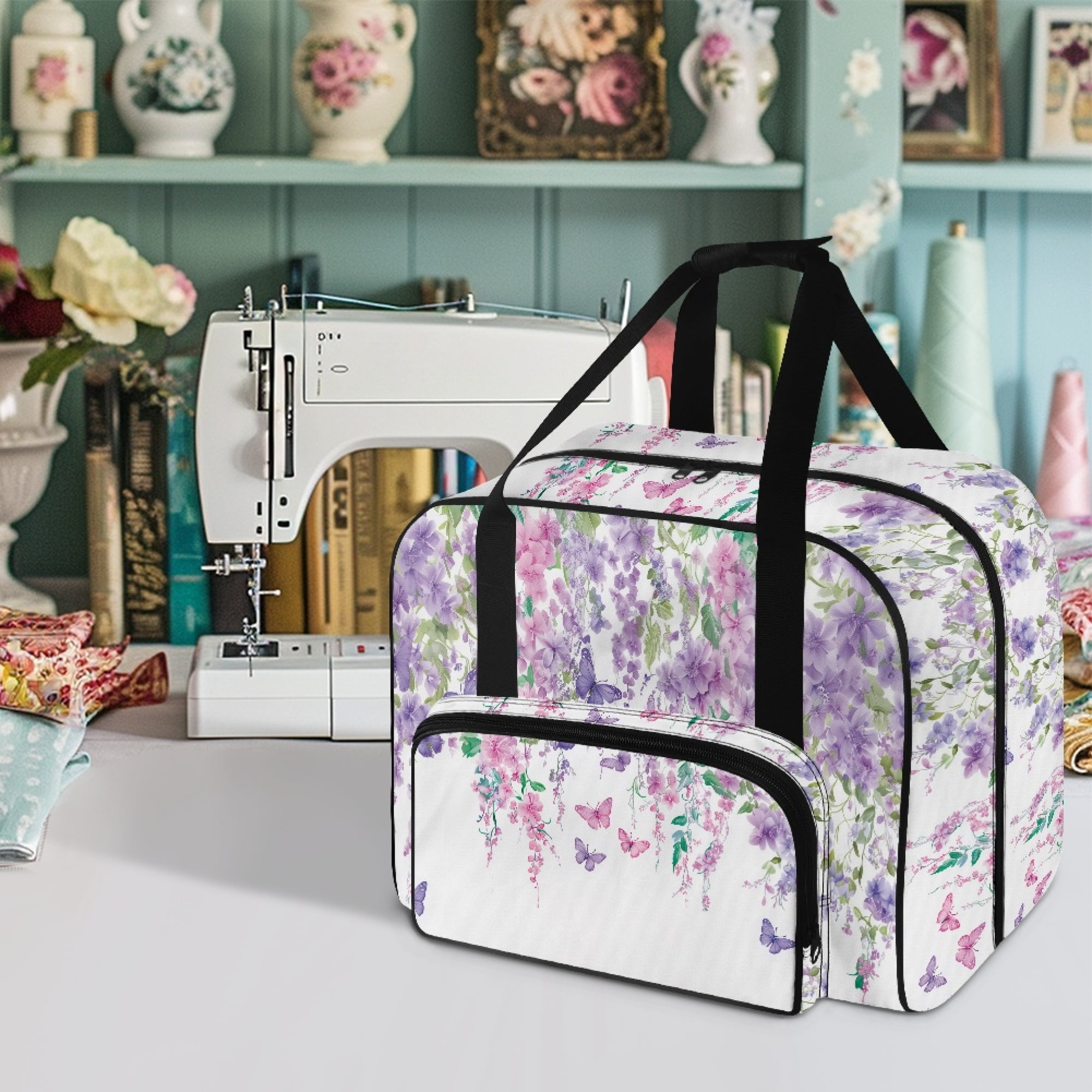 ZIATUBLE Butterfly Sewing Machine Travel Case Floral Carrying Travel Storage Universal Organizer Bag with Zipper Sewing Machine Accessory Organizer Fits Most Sewing Machines