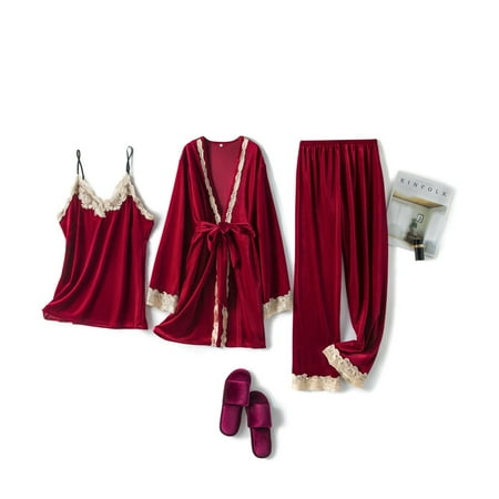

RQYYD Clearance Women Pajama Sets Gold Velvet 3 Pieces Warm Pajamas Female Autumn Winter Sexy Robe Sleepwear Set Nightwear Home Clothes Red XL