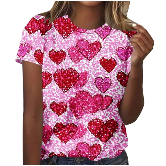 asdoklhq Plus Size Heart T-Shirts Women's Fashionable Loose Casual Loose Leisurely Printed Round Neck Short Sleeved T-shirt Top Hot Pink M