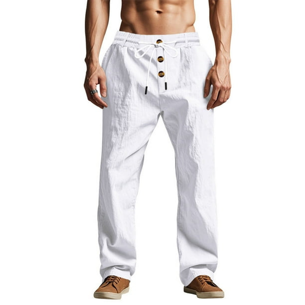 Pantalones largos para hombre, de lino, holgados, transpirables, de color liso, estilo playero, con botones
