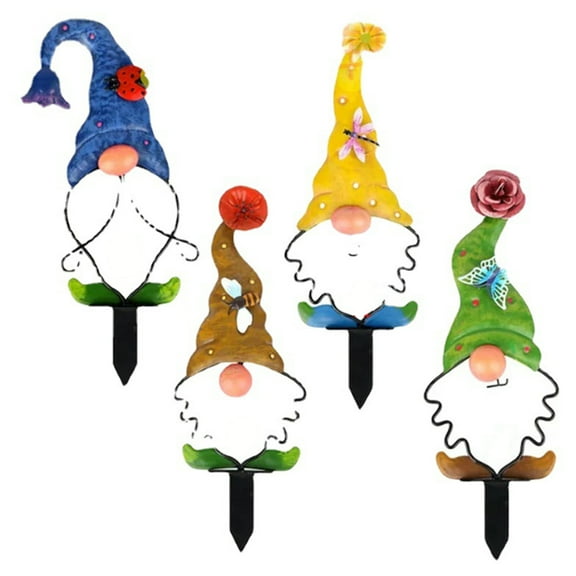 Visland Double Sided Gnome Stake Aesthetic Metal Clear Carved Cheerful Gnome Insert Garden Accessories