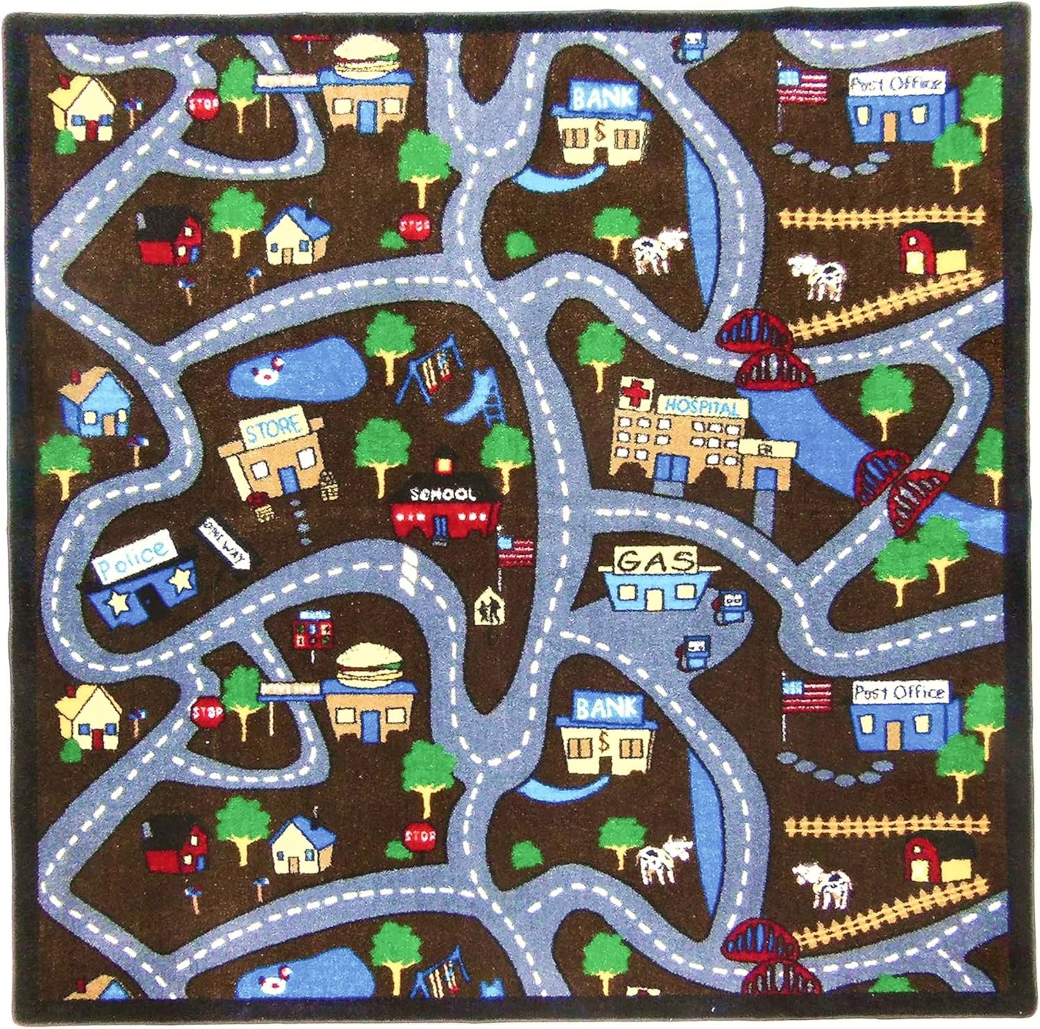 SAFECASTLE Kids Carpet Country Roads Rug 4'4" x 5'6" Educational Road & Street Play Mat with Buildings and Landmarks Learning & Activity Rug for Kids, Toddlers, Nursery, Classroom, Playroom & Daycare