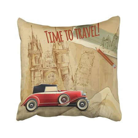 WOPOP Nostalgia Europe Time To Travel Tagline With Classic Car On Architecture Vintage Retro Pillowcase Throw Pillow Cover 18x18
