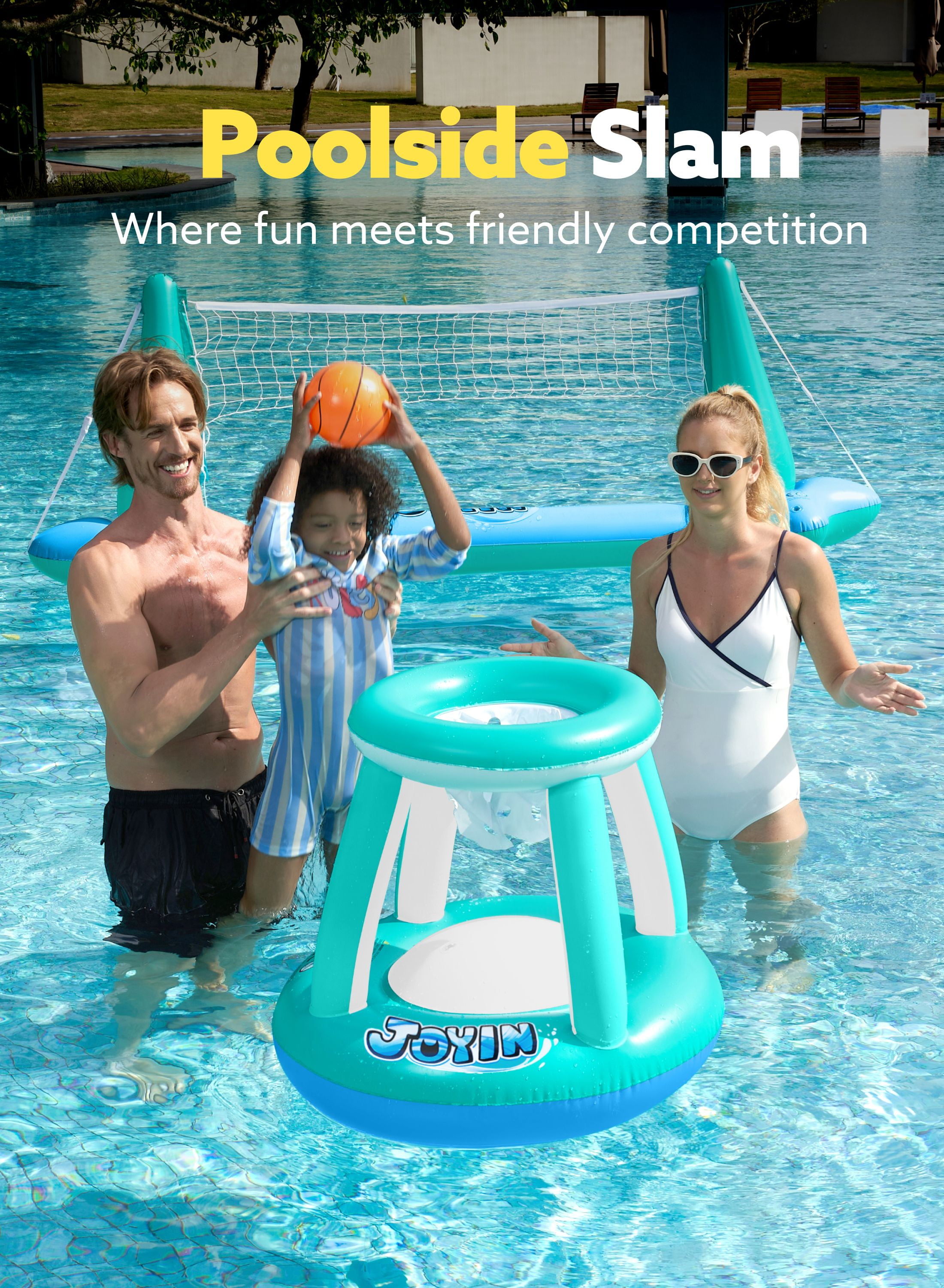 Joyfy Inflatable Pool Float Set Pool Volleyball Net & Basketball Hoops, Summer Pool Toys for Kids and Pool Game Adults, Volleyball Court (105”x28”x35”)|Basketball (27”x23”x27”),L-Blue