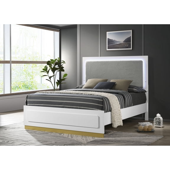 Miekor Furniture Sophia White Wood Queen LED Panel Bed 26228