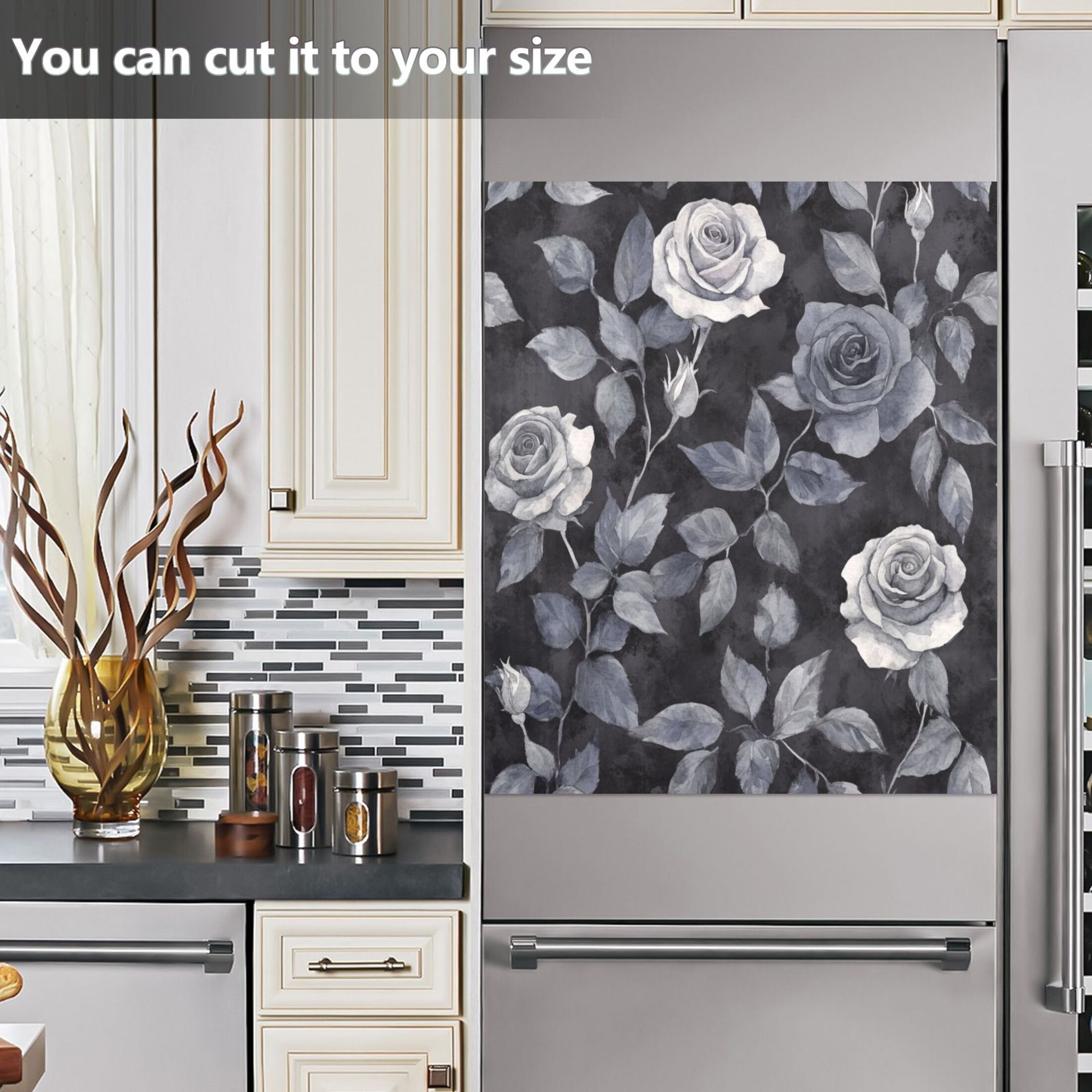 Dishwasher Magnetic Sticker 23x26 Inch Refrigerator Magnetic Sticker Washing Machine Magnetic Sticker Kitchen Panel Magnetic Sticker Home Decor Black Flowers Seamless