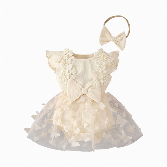 Baby Onesies Girl Baby Girl Clothes Infant Summer Outfits Cute Sweet Bow Print Mesh Ruffle Sleeveless Romper Headband Set