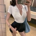thumbnail image 2 of Camisa de mujer Blusa de manga corta con cuello en V profundo Top corto de punto sexy, Blanco Methold AP001386-01B, 2 of 7