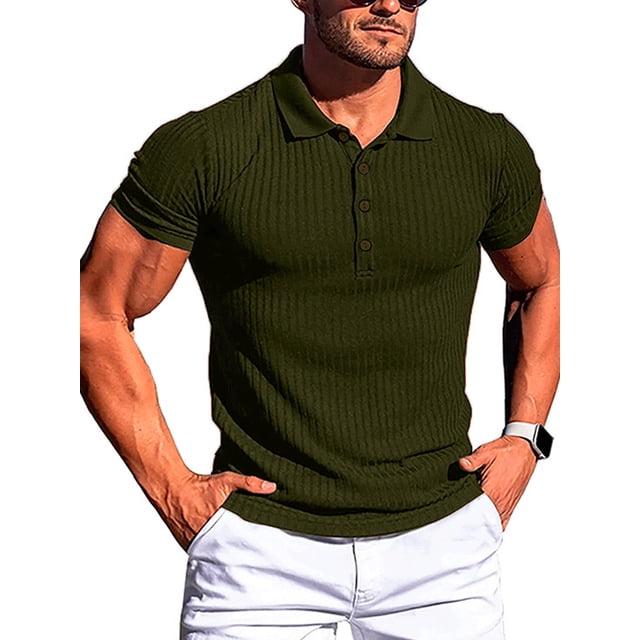 UKAP Men Summer Tops Ribbed Polo Shirt Button Down T Shirts Casual Work Knit Blouse Army Green S
