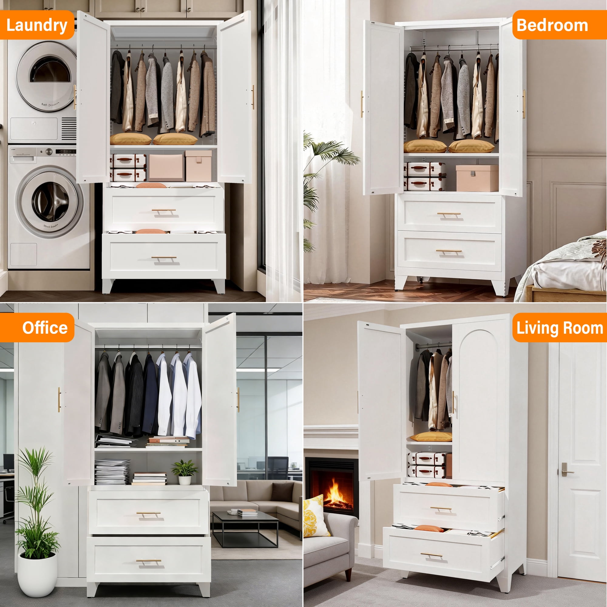 Leumius 71" Tall Metal Wardrobe Closet,Modern Armoire Wardrobe Cabinet 2 Drawers & Hanging Rod,Clothes Storage Organizer Cabinets with Double Doors for Bedroom,Living Room-White