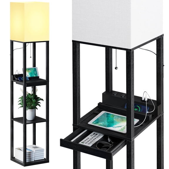 SUNMORY Floor Lamp with Shelves,Modern Dimmable Solid Wood Standing Lamp with 1 Drawer and 1 USB Ports & 1 Type-C & 2 Power Outlet,Corner Tall Bookshelf Lamp for Living Room and Bedroom(Black)