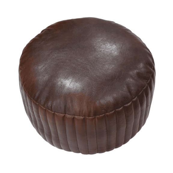 Kika Home Collections (Made in India) Handcrafted Brown Goat Leather Round Pouf 21” x 21” x 12” | Eco-Friendly Recycled Cotton Fill