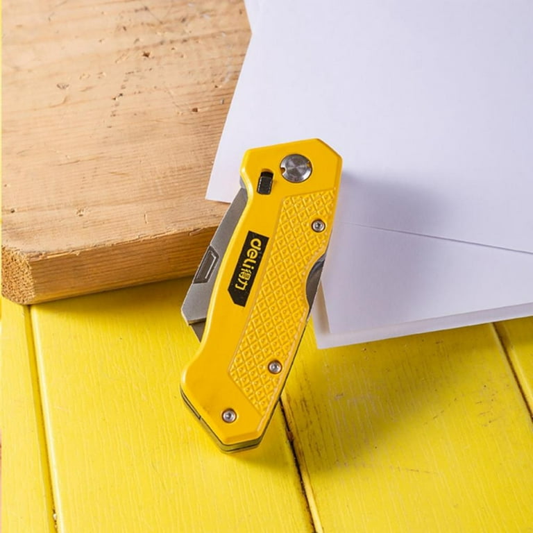 Folding Utility Knife Heavy Duty Box Cutter with 5 SK5 Quick Change Blades, Safety Self-Locking Design, Lightweight Alloy Body for Office, Home(Yellow