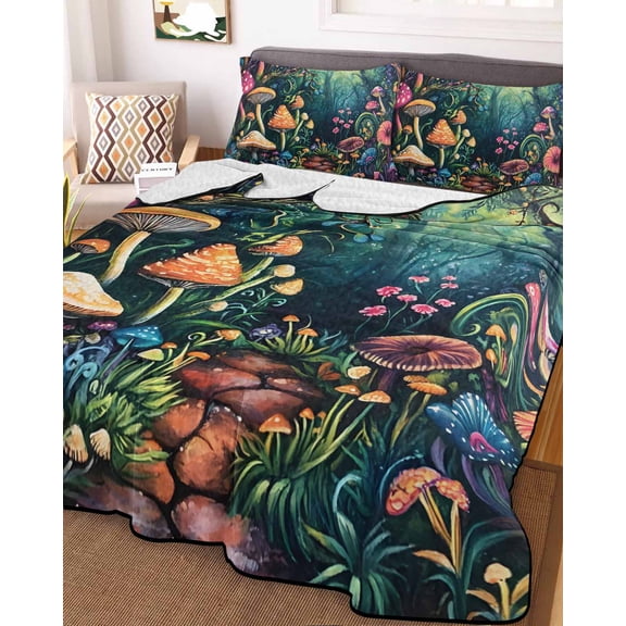 Mushroom King Size Down Alternative Comforter, Lightweight Comforter Quilt Bedding Set with Pillow Shams Dream Forest Botanical Floral Plant All Seasons Bed Comforter Duvet Insert 96"x106"