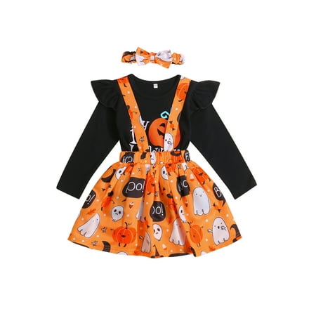 

Baby Girl s Halloween Outfit Ruffle Long Sleeve Top Pumpkin Printed Suspender Skirt Set