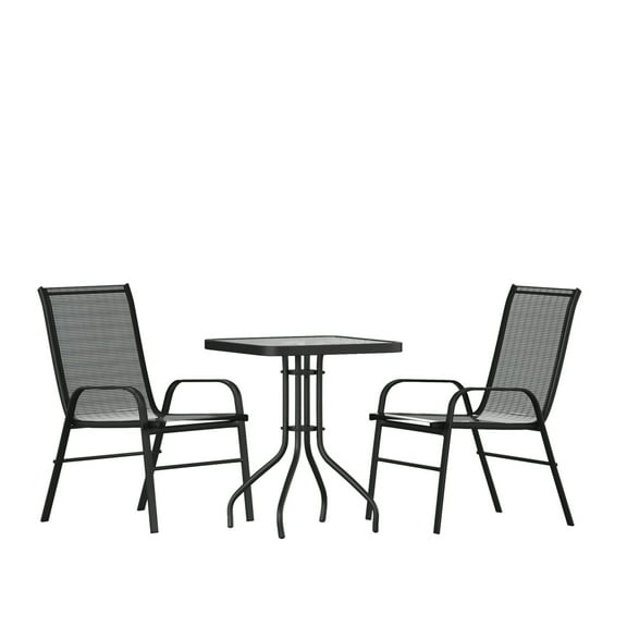 Flash Furniture Brazos Series 3-Piece Steel Glass Patio Table and Chair Set, Black