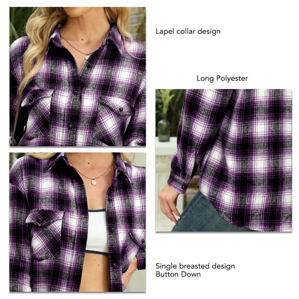 Blusa a cuadros para mujer solapa media larga poliester informal manga larga camisa con botones para el trabajo diario otono invierno morado