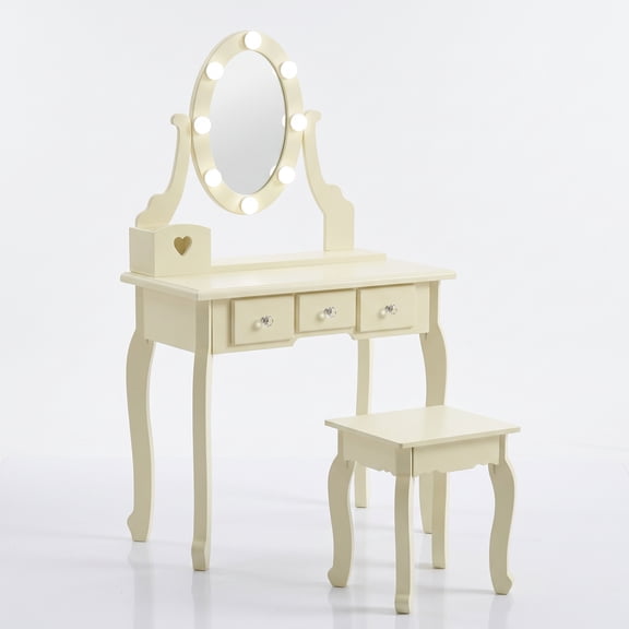 Kids Vanity Set with Mirror Lights, 5 Storage Drawers & Stool, Macaroon Yellow Pretend Play Makeup Desk for Little Girls Age 3