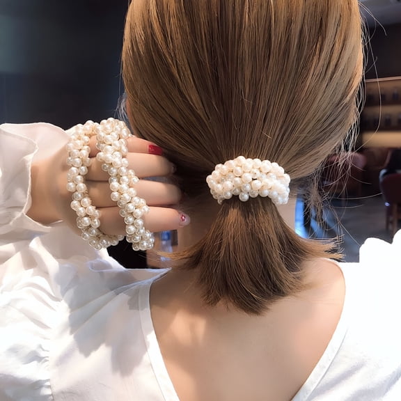 VANIDO Pearl Hair Ties Champagne Elastic Hair Scrunchies Stretchy Hair Bands Bead Hair Ropes Hair Accessories for Women and Girls