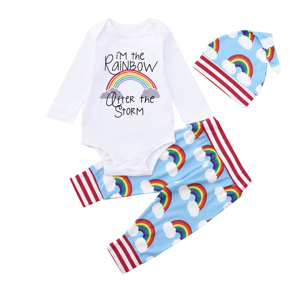 Newborn Baby Girl Boy Rainbow Romper Tops Jumpsuit+Pants Hat Outfits Clothes Set 