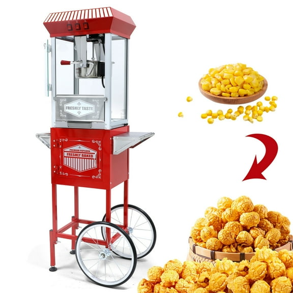 QEEKA 12oz Popcorn Machine Cart,Vintage Popcorn Machine with Wheels,Tempered Glass,Heated Warming Deck,for Home Theater,Party,Red