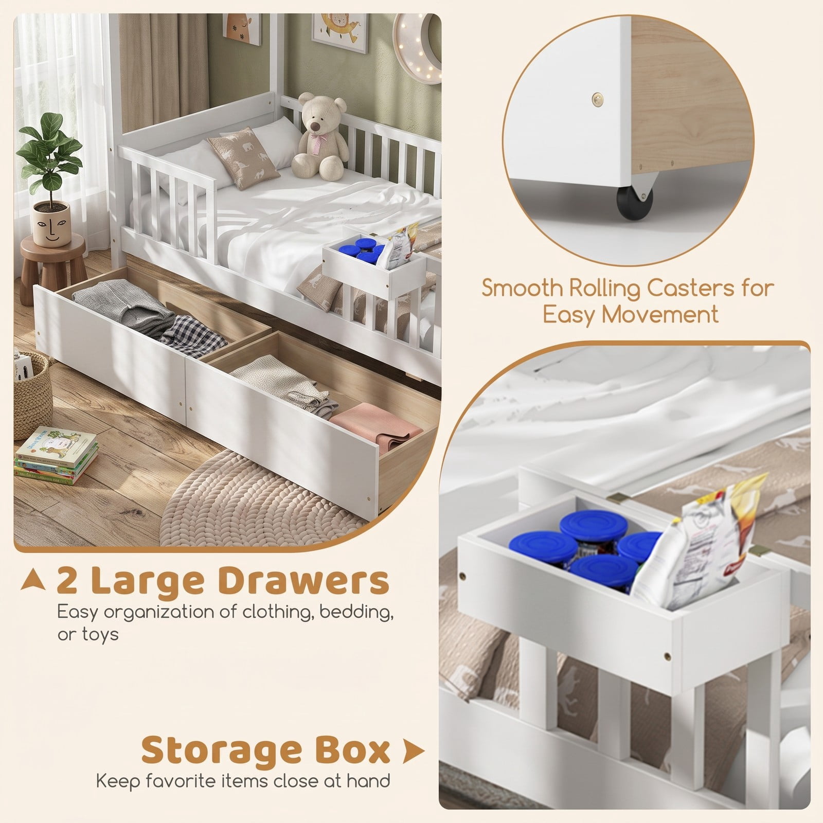 Furnibear Twin House Bed Frame with 2 Storage Drawers, Montessori Floor Bed with Roof Frame and Fence Rails for Kids Room, White
