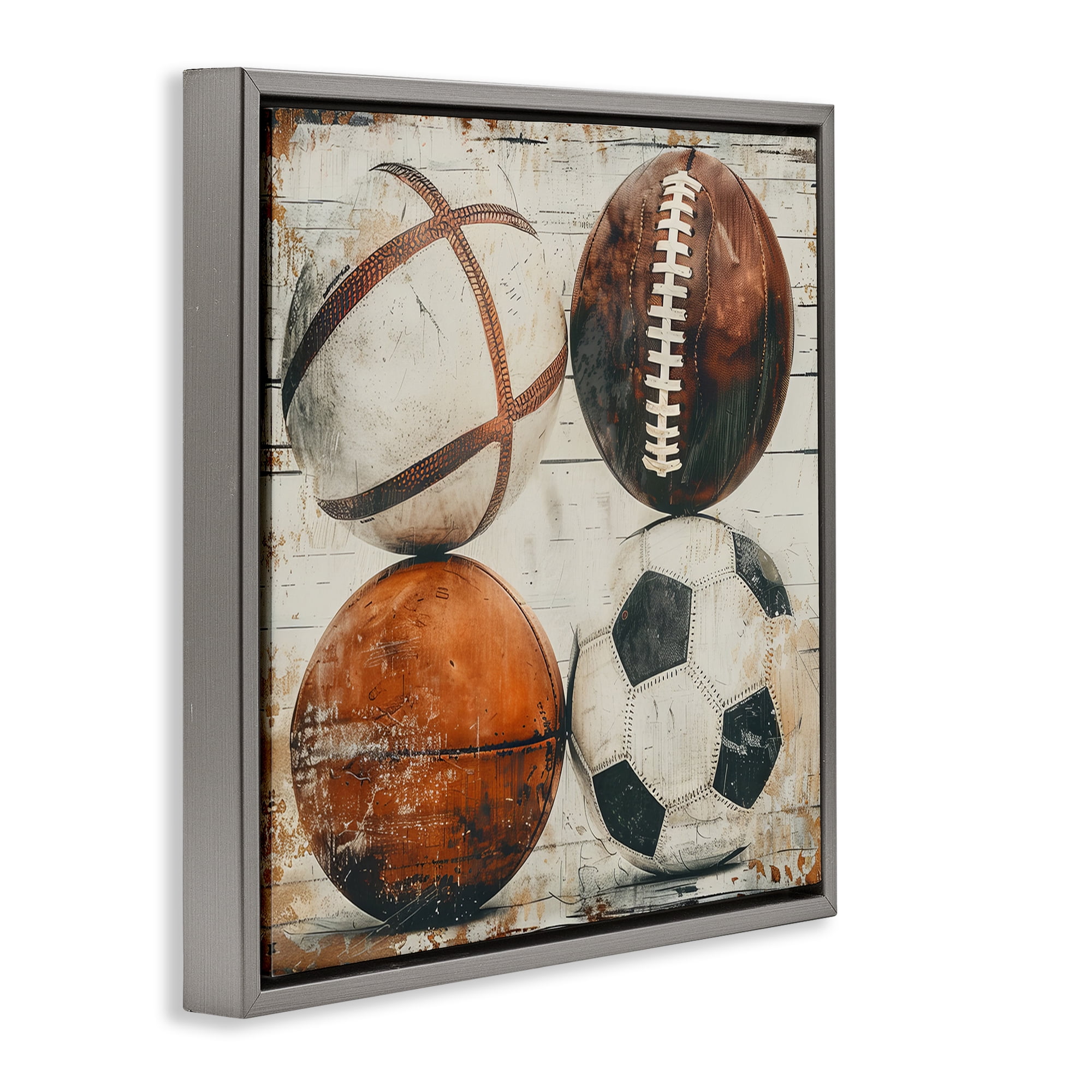 Stupell Industries Rustic Sports Balls Sports Painting Gray Floater Framed Canvas Art Print Wall Art, 18 x 18