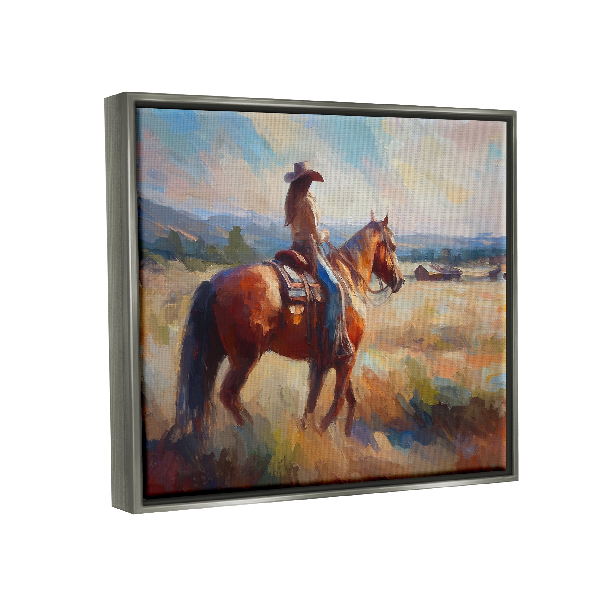 Stupell Industries Cowgirl in Western Scene Animals & Insects Painting Gray Floater Framed Canvas Art Print Wall Art, 21 x 17