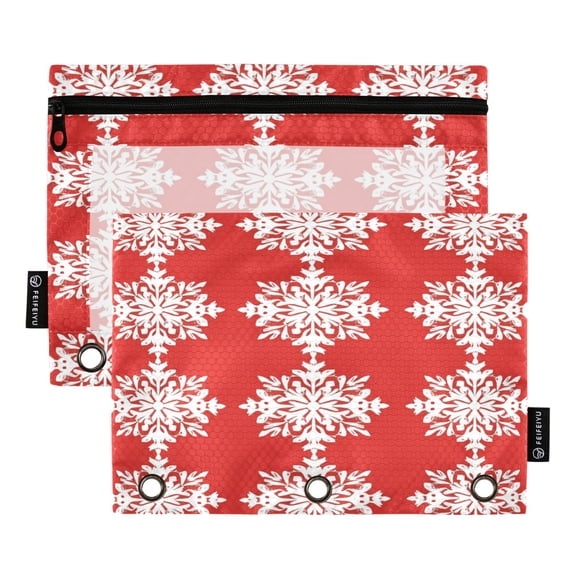 Red Background Christmas Snowflakes Binder Pouches Zipper Pocket Document Storage 3 Rings 2 Packs A5 Size