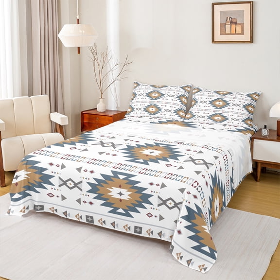 Feelyou Hippie Abstract Aztec Full Size Sheets, White Green Abstract Bed Sheets, Teens Adult Women Men Sheet Sets, Super Cozy Room Decor, 4-Piece