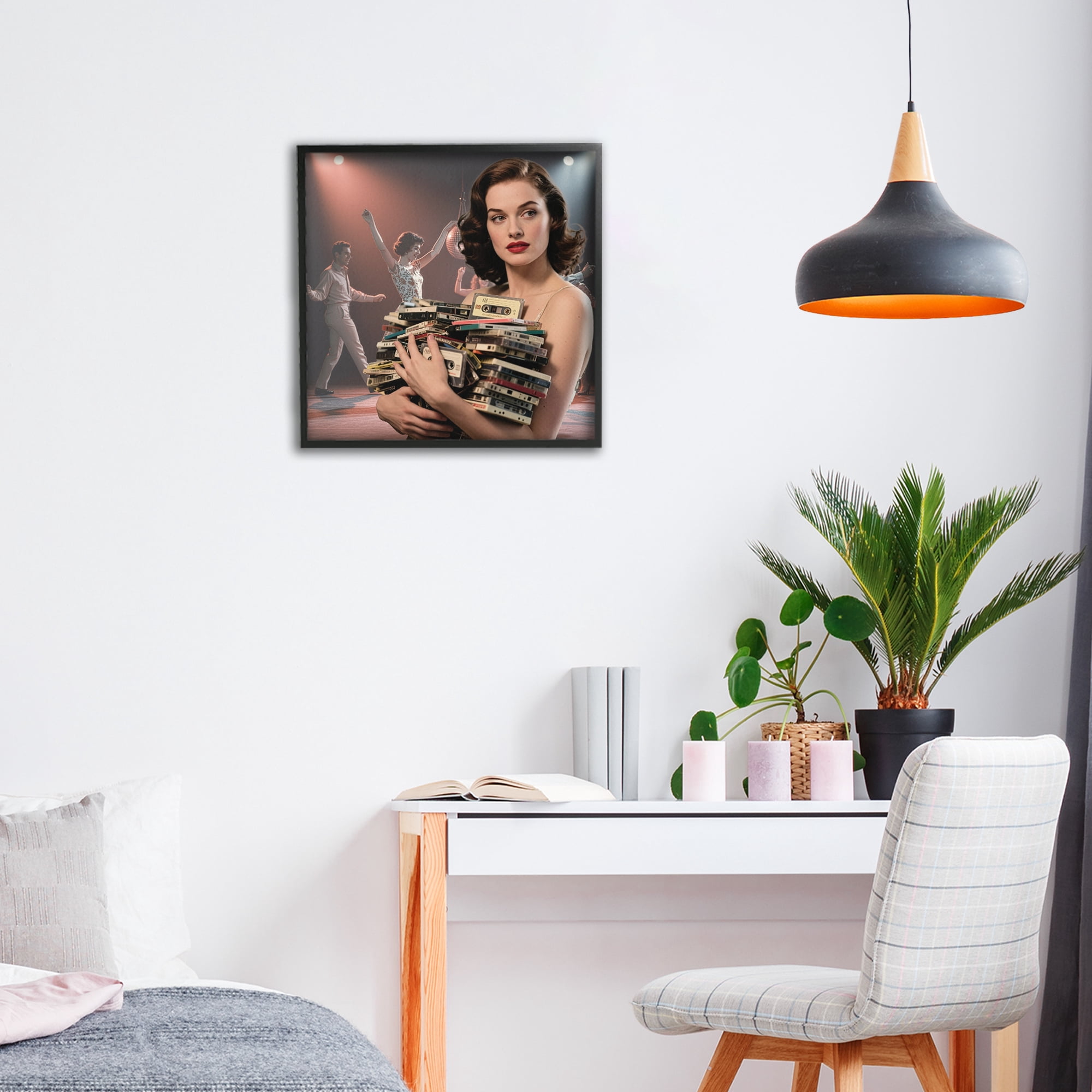 Stupell Industries Woman Holding Vintage Cassette Collection Black Framed Giclee Art, design by CAD Designs