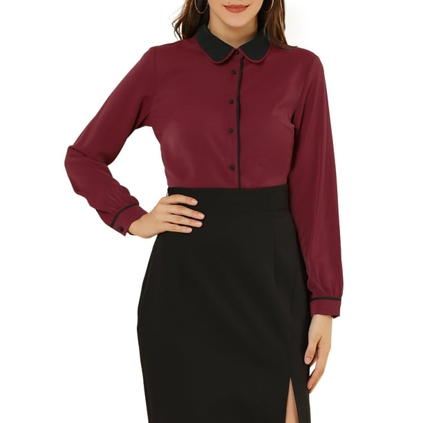 CAMISA DE MUJER CON BOTONES DE LARGA MANGA ESTILO PETER PAN BURDEOS