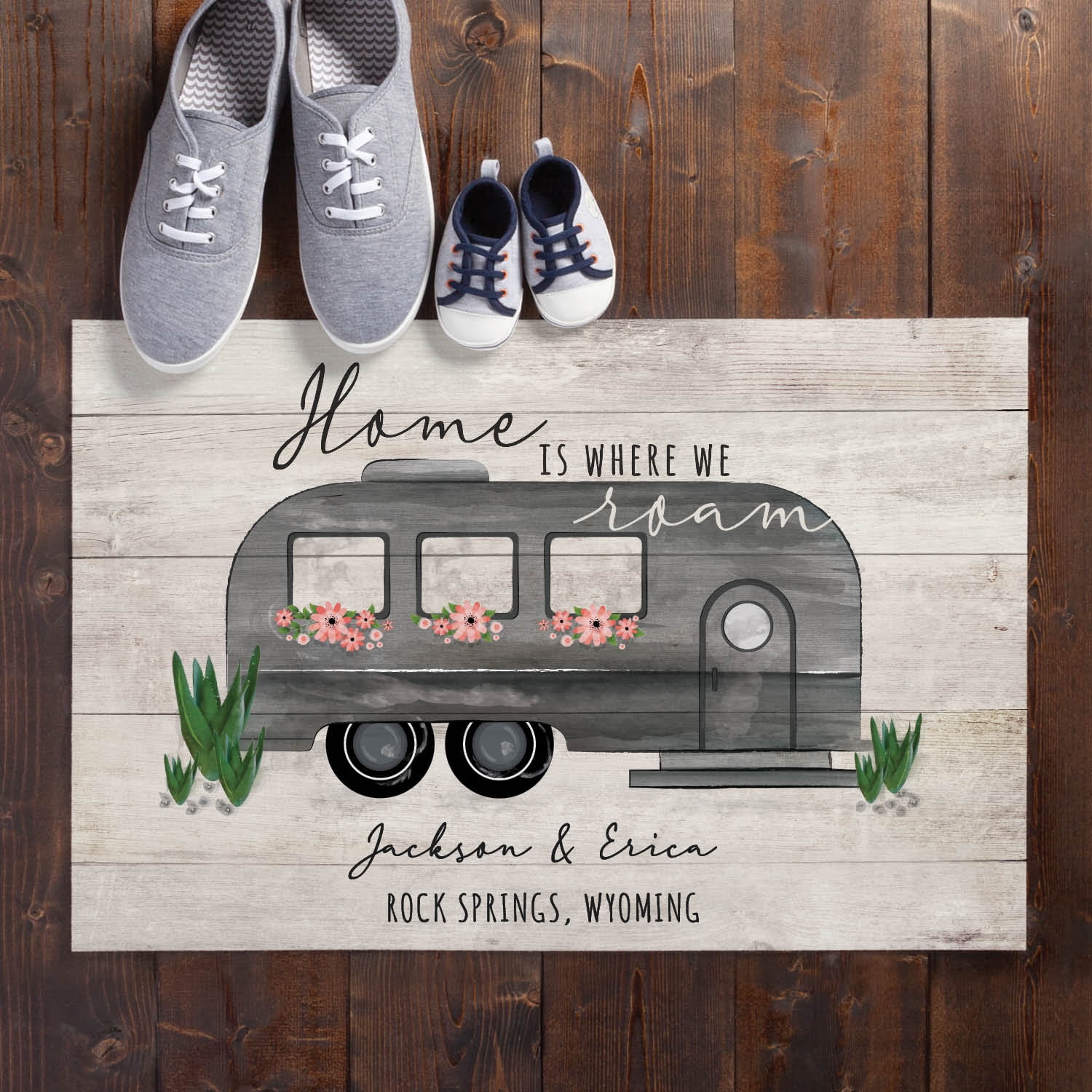 Personalized Planet 27x18 Home Is Where We Roam Camper Doormat with Custom Personalization Printed on Light Gray Rectangular 1/4” Thick Non Slip Mat for Kitchen Hallway Deck or Porch
