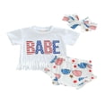 thumbnail image 1 of 3PCs 4ème de Juillet Tenue Bébé Bébé Filles Garçons Manches Courtes Tops Col Rond Pompon T-Shirt et Short Bloomers Bandeau, 1 of 6
