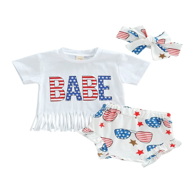 3PCs 4ème de Juillet Tenue Bébé Bébé Filles Garçons Manches Courtes Tops Col Rond Pompon T-Shirt et Short Bloomers Bandeau
