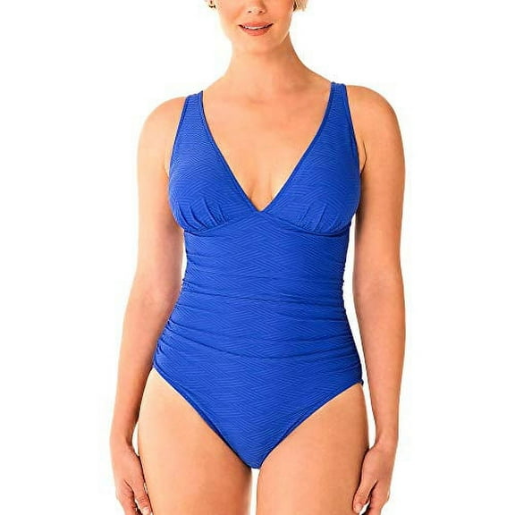 Swim Solutions Textured Plunge One-Piece Swimsuit Blue 16