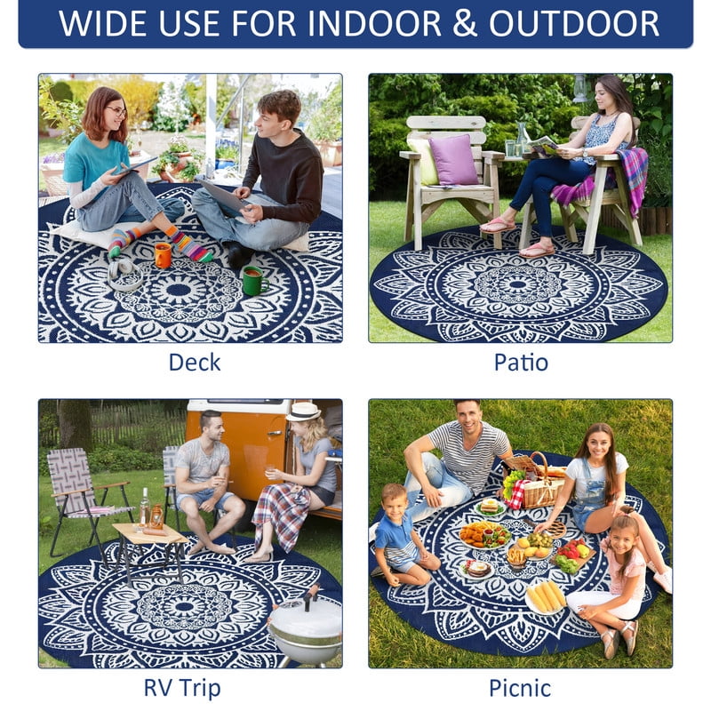 Aonewoe Round Outdoor Rugs 8Ft Waterproof Patio Plastic Straw Rug Reversible Camping Carpet Indoor Outdoor Area Rug for Patio,Deck,Balcony,Picnic,Beach,Outside